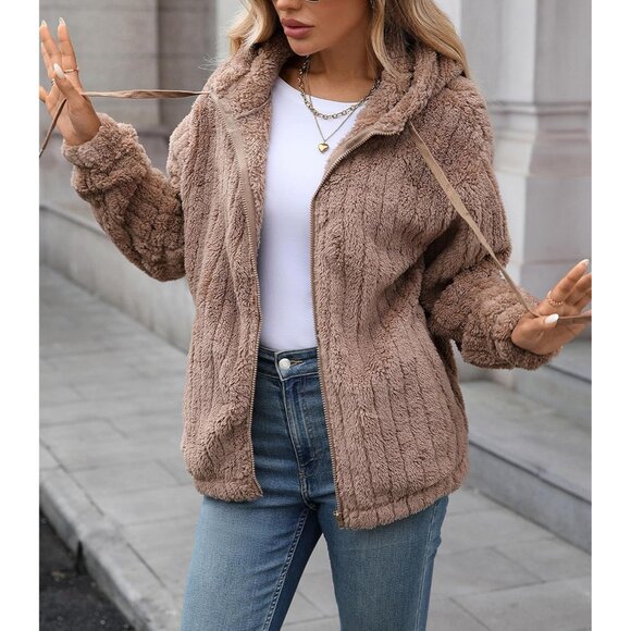 Womens Fleece Jacket Fall Winter Full Zip Sherpa Coat with Hood S-5XL - Picture 6 of 6